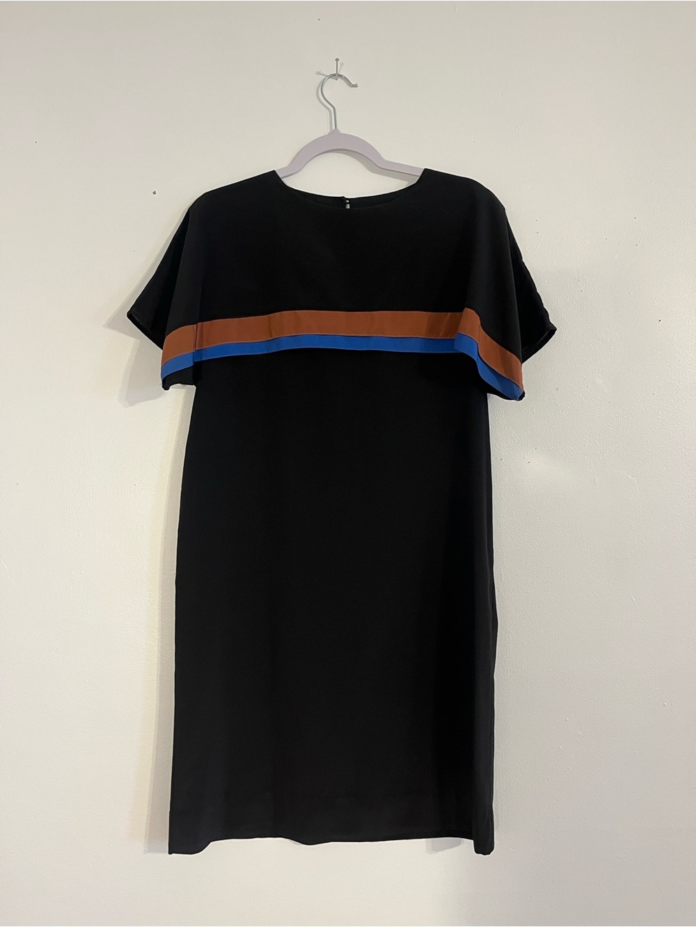 Black Shift Dress with Brown and Blue Accent Stripes